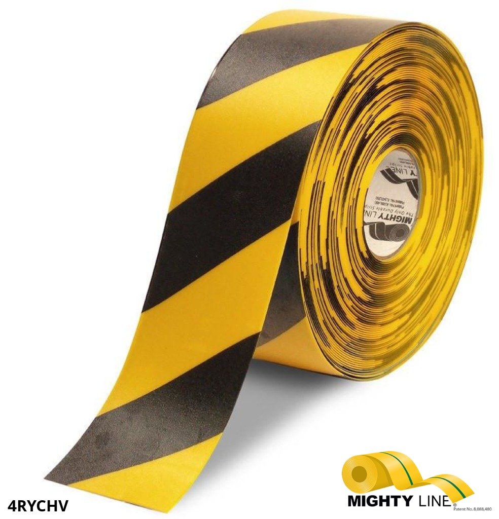 Mighty Line Yellow Tape with Black Chevrons – 100’ Roll – 4 Inch Wide