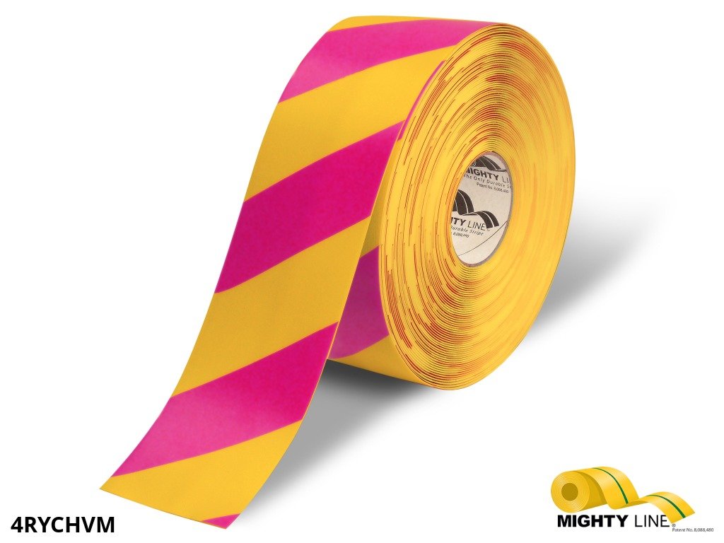 Mighty Line Yellow Tape with Magenta Chevrons - 100’ Roll - 4 Inch Wide